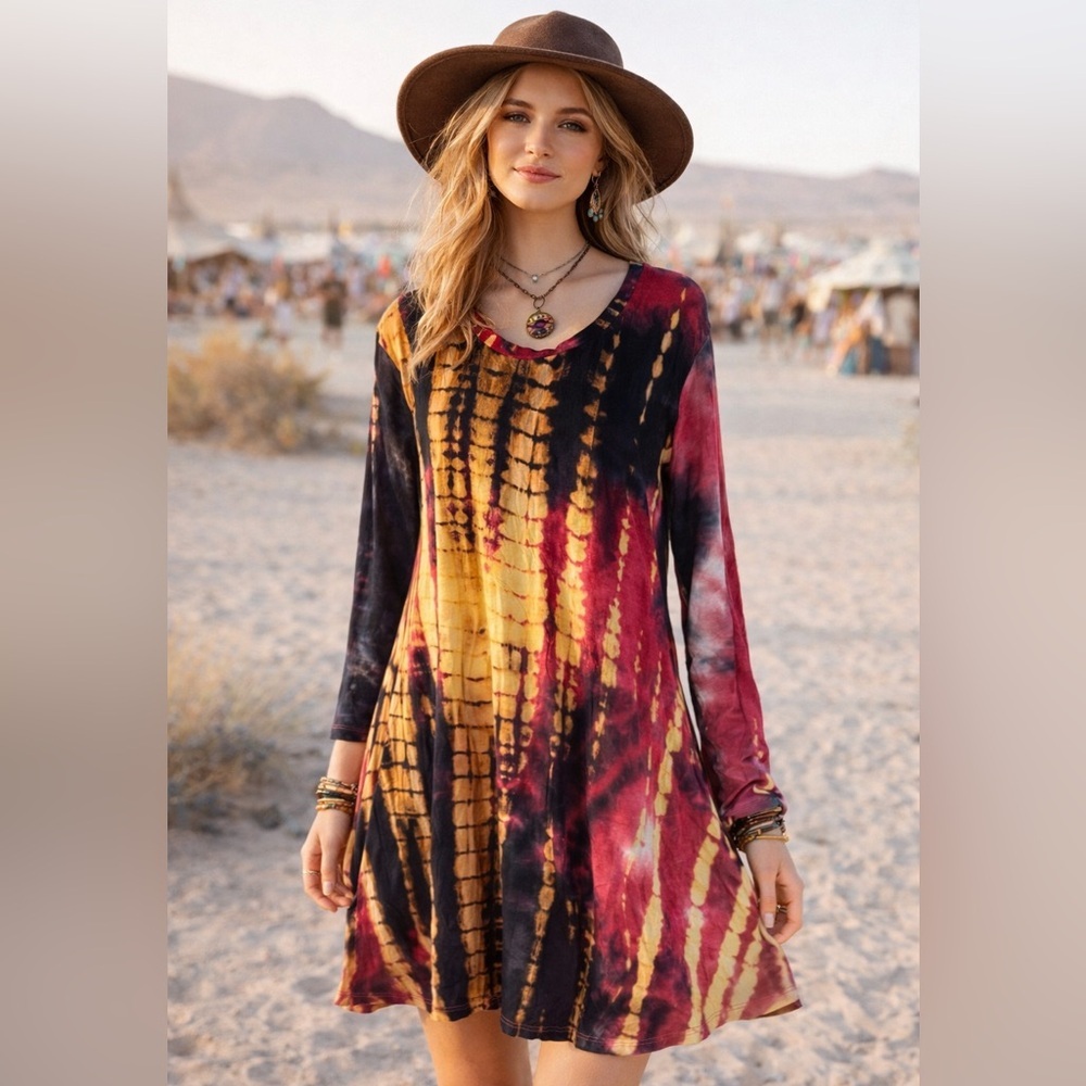 Umgee Tie Dye Boho Tunic Dress Small Long Sleeve Flowy Festival Style Small